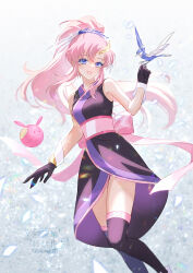 Rule 34 | 1girl, back bow, bare shoulders, bird, bird on hand, black dress, black gloves, black thighhighs, blue eyes, bow, breasts, colored eyelashes, dress, feet out of frame, gloves, gundam, gundam seed, gundam seed freedom, hair between eyes, hair ornament, hairclip, haro, highres, japanese clothes, lacus clyne, long hair, looking at viewer, mechanical bird, medium breasts, parted bangs, parted lips, pink hair, pink sash, ponytail, sash, sidelocks, sleeveless, sleeveless dress, smile, solo, thighhighs, tsuna2727, twitter username