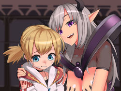 Rule 34 | 2girls, aqua eyes, between breasts, blonde hair, breasts, choker, crying, cuts, detached sleeves, helmet (touhu812), highres, horns, indoors, injury, jewelry, multiple girls, necklace, open mouth, pointy ears, purple eyes, see-through, silver hair, smile, torn clothes