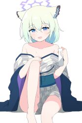 Rule 34 | 1girl, :d, absurdres, animal ears, bare legs, bare shoulders, bath yukata, blue archive, blue eyes, blush, bottle, breasts, foot out of frame, hagoonha, halo, hand on own knee, highres, holding, holding bottle, japanese clothes, kimono, leg lift, leg up, legs, light green hair, looking at viewer, medium breasts, medium hair, multicolored eyes, obi, official alternate costume, open mouth, pink eyes, purple halo, sash, shigure (blue archive), shigure (hot spring) (blue archive), short hair, simple background, sitting, small breasts, smile, solo, sweatdrop, weasel ears, weasel girl, white background, white hair, white kimono, wide sleeves, yukata