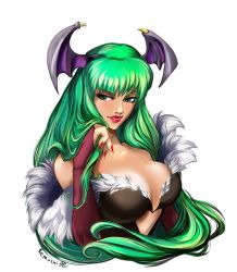 Rule 34 | 1girl, anna kemushi, bare shoulders, bat wings, breasts, bridal gauntlets, capcom, cleavage, elbow gloves, female focus, gloves, green eyes, green hair, head wings, large breasts, matching hair/eyes, md5 mismatch, morrigan aensland, resized, solo, vampire (game), white background, wings