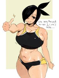 Rule 34 | 1girl, absurdres, black hair, breasts, cleavage, cowboy shot, english text, hair over one eye, highres, large breasts, li (whoopsatro), midriff, navel, original, solo, sports bikini, thumbs up, whoopsatro