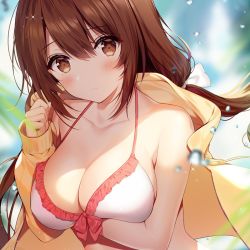 Rule 34 | 1girl, arm under breasts, bare shoulders, blue sky, blurry, blurry background, blush, breasts, brown eyes, brown hair, cleavage, closed mouth, cloud, collarbone, day, hair between eyes, hand up, large breasts, long hair, looking at viewer, necomi, off shoulder, open parka, outdoors, parka, sidelocks, sky, smile, solo, yumina kisaragi