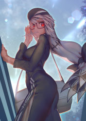 Rule 34 | 1girl, altera (fate), altera (traveling outfit) (fate), backlighting, bag, black bow, black shirt, black skirt, blue sky, blurry, blurry background, bow, breasts, closed mouth, commentary request, cowboy shot, dark-skinned female, dark skin, duffel bag, fate/grand order, fate (series), from side, glasses, hand up, heroic spirit traveling outfit, legs, long sleeves, looking at viewer, looking to the side, medium breasts, mouth hold, outdoors, pelvic curtain, purple-framed eyewear, red eyes, rotix, shirt, silver hair, skirt, sky, solo, veil