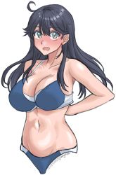 Rule 34 | 1girl, :o, absurdres, ahoge, alternate costume, aqua eyes, arms behind back, bare shoulders, bikini, black hair, blue bikini, blush, breasts, cleavage, commentary request, dated, highres, kantai collection, large breasts, long hair, looking at viewer, navel, one-hour drawing challenge, open mouth, simple background, solo, sozan, swimsuit, twitter username, upper body, ushio (kancolle), white background