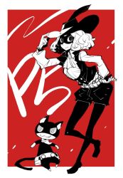 Rule 34 | 10s, 1girl, :3, belt, cat, ascot, dowman sayman, feathers, female focus, full body, gloves, hat, hat tip, looking at viewer, mask, monochrome, morgana (persona 5), musketeer, okumura haru, pantyhose, persona, persona 5, red background, short hair, shorts, smile, solo, white background