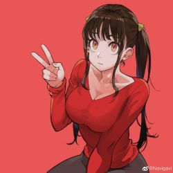 Rule 34 | 1girl, :|, absurdres, between legs, big sister (navigavi), breasts, brown hair, cleavage, closed mouth, hand between legs, hand up, highres, jun (navigavi), large breasts, long hair, long sleeves, looking at viewer, original, pants, red background, red eyes, red shirt, shirt, sidelocks, simple background, sitting, solo, twintails, v, v-neck, weibo logo, weibo watermark