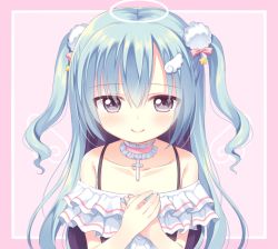 Rule 34 | 1girl, blue hair, blush, bow, brown eyes, choker, closed mouth, collarbone, cross, cross choker, drawn wings, dress, fingernails, frilled choker, frills, hair between eyes, hair bow, hair ornament, halo, hands up, latin cross, long hair, off-shoulder dress, off shoulder, original, own hands together, pink choker, pom pom (clothes), red bow, riria (happy strawberry), smile, solo, star (symbol), two side up, very long hair, white dress, wing hair ornament