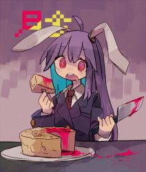 Rule 34 | 1girl, @ @, animal ears, bad id, bad pixiv id, black jacket, blue hair, buttons, cake, daizu (melon-lemon), drooling, food, jacket, knife, long hair, long sleeves, multicolored hair, necktie, open mouth, purple hair, rabbit ears, red eyes, red necktie, reisen udongein inaba, shirt, solo, touhou, very long hair, white shirt