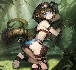 Rule 34 | 1girl, arknights, ass, back, bandeau, bare shoulders, barefoot, black panties, blue eyes, bob cut, brown hair, eunectes (arknights), feet, flower, forest, gloves, goggles, goggles on head, hair flower, hair ornament, hime cut, holding, holding goggles, kneeling, leaf, mamushi, nature, open mouth, panties, plant, skindentation, snake tail, soles, solo, tail, thigh strap, thighs, toes, torn clothes, underwear, underwear only