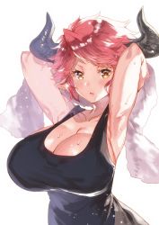 Rule 34 | 1girl, animal ears, armpits, arms behind head, black tank top, blush, breasts, cleavage, collarbone, cow ears, cow horns, draph, eno yukimi, granblue fantasy, highres, horns, huge breasts, solo, sturm (granblue fantasy), tank top, towel, undershirt, white towel