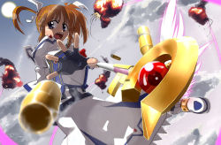 Rule 34 | 00s, 1girl, action, aerial battle, battle, blue eyes, boots, bow, brown hair, cartridge, casing ejection, explosion, fingerless gloves, flying, gloves, hair ribbon, kida sougetsu, lyrical nanoha, magazine (weapon), magical girl, mahou shoujo lyrical nanoha, mahou shoujo lyrical nanoha a&#039;s, purple eyes, raising heart, raising heart (accel mode), red bow, red hair, ribbon, shell casing, shoes, short hair, short twintails, solo, takamachi nanoha, takamachi nanoha (sacred mode), twintails, white devil, winged footwear, wings