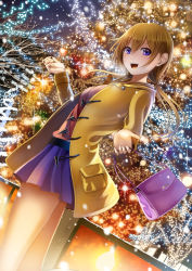 Rule 34 | 1girl, :d, ahoge, bad perspective, bag, bare back, blonde hair, blue skirt, blush, breasts, building, christmas, coat, duffel coat, dutch angle, glint, handbag, highres, holding, holding bag, illumination, kentaurosu, light, light particles, long sleeves, low twintails, medium breasts, open clothes, open coat, open mouth, original, outdoors, plant, pleated skirt, pocket, purple eyes, skirt, smile, standing, sweater, teeth, twintails, winter