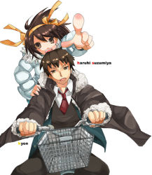 Rule 34 | 00s, 1boy, 1girl, bicycle, blazer, brown coat, brown eyes, brown hair, brown pants, character name, coat, collared shirt, foreshortening, fur-trimmed coat, fur trim, hair ribbon, hand on another&#039;s shoulder, jacket, kyon, looking at viewer, multiple riders, necktie, open clothes, open coat, open mouth, outstretched arm, pants, pointing, pointing at viewer, red necktie, ribbon, riding, shirt, simple background, suzumiya haruhi, suzumiya haruhi no yuuutsu, vest, white background, white coat, white shirt, yellow ribbon