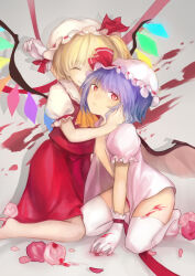 Rule 34 | 2girls, absurdres, ascot, bat wings, blonde hair, closed eyes, closed mouth, collared shirt, facing another, flandre scarlet, gloves, hand on another&#039;s cheek, hand on another&#039;s face, hat, highres, holding another&#039;s head, hug, looking at viewer, medium hair, mob cap, multicolored wings, multiple girls, no pants, no shoes, pink shirt, puffy short sleeves, puffy sleeves, purple hair, red eyes, red ribbon, red skirt, red vest, remilia scarlet, ribbon, ribbon-trimmed headwear, ribbon trim, shirt, short sleeves, siblings, sisters, skirt, sleeve ribbon, thighhighs, touhou, vest, white gloves, white headwear, white shirt, white thighhighs, wings, yellow ascot, yumao (miaowuxiaoxue)