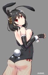 Rule 34 | 1girl, :&lt;, absurdres, animal ears, artist name, ass, black gloves, black hair, blush, breasts, rabbit ears, rabbit tail, detached collar, elbow gloves, fake animal ears, fingerless gloves, fishnet pantyhose, fishnets, gloves, grey background, hair ornament, highres, kantai collection, leotard, looking at viewer, looking back, medium breasts, momimaki, pantyhose, playboy bunny, red eyes, short hair, sideboob, solo, strapless, strapless leotard, tail, wrist cuffs, yamashiro (kancolle)