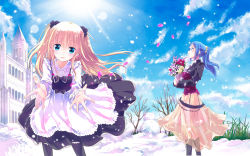Rule 34 | 2girls, absurdres, bare tree, blonde hair, blue eyes, blue hair, boots, bouquet, church, cloud, day, flower, frills, gothic lolita, highres, kazumiya akira, leaning forward, lens flare, lieselotte faustus, light rays, lolita fashion, long hair, looking at viewer, multiple girls, outdoors, outstretched arms, pantyhose, petals, ponytail, see-through, shoujo gensou necrophilia, skirt, sky, snow, snowman, standing, sun, sunbeam, sunlight, tree, two side up, wind