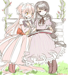 Rule 34 | 10s, 2girls, :d, akemi homura, alternate costume, bench, black hair, blush, book, buttons, dress, frills, grass, hair between eyes, hair ornament, hairband, holding, holding book, kaname madoka, magical girl, mahou shoujo madoka magica, mahou shoujo madoka magica (anime), multiple girls, nagachika, open book, open mouth, park, pink hair, plant, puffy short sleeves, puffy sleeves, purple dress, ribbon, sash, short hair, short sleeves, short twintails, smile, twintails, two side up, ultimate madoka, wrist cuffs