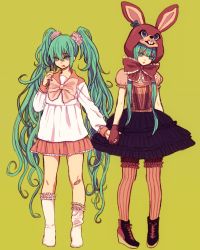 Rule 34 | :d, animal ears, aqua hair, bonnet, clone, fork, frills, hatsune miku, holding hands, lol -lots of laugh- (vocaloid), long hair, lots of laugh, open mouth, pantyhose, rabbit ears, saa, sarasara, skirt, smile, socks, twintails, very long hair, vocaloid