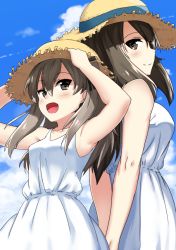 Rule 34 | 10s, 2girls, arms behind back, back-to-back, brown eyes, brown hair, closed mouth, cloud, cloudy sky, day, dress, girls und panzer, hands on headwear, hat, hikyakuashibi, light brown hair, long hair, looking at another, looking back, mika (girls und panzer), multiple girls, open mouth, outdoors, shimada arisu, sky, smile, standing, straw hat, sun hat, sundress, upper body, white dress