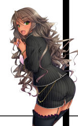 Rule 34 | 1girl, ass, bracelet, breasts, brown hair, business suit, cross, dark-skinned female, dark skin, fingernails, formal, frilled thighhighs, frills, from behind, ganguro, garter straps, green eyes, highres, ishii akira, jewelry, large breasts, long fingernails, looking back, mature female, nail polish, open mouth, original, pantylines, pencil skirt, pink nails, pinstripe pattern, pinstripe suit, skirt, skirt suit, solo, striped, suit, tan, thighhighs