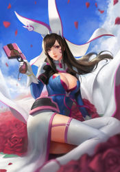 Rule 34 | &gt;:3, 1girl, :3, adapted costume, alternate costume, arm support, blue bodysuit, blue sky, bodysuit, breasts, cleavage, cleavage cutout, clothing cutout, cloud, cloudy sky, cosplay, covered navel, d.va (overwatch), day, dress, elphelt valentine, elphelt valentine (cosplay), facepaint, facial mark, flower, garter straps, girls&#039; frontline, gloves, guilty gear, guilty gear xrd, gun, handgun, hat, high collar, holding, holding gun, holding weapon, large areolae, large breasts, lips, long hair, long sleeves, looking at viewer, nose, outdoors, overwatch, overwatch 1, petals, phamoz, pilot suit, pink footwear, purple ribbon, red flower, red rose, ribbed bodysuit, ribbon, rose, shiny clothes, shoulder pads, sidelocks, sitting, skin tight, sky, smile, solo, spikes, swept bangs, thighhighs, turtleneck, v-shaped eyebrows, weapon, wedding dress, whisker markings, white gloves, white thighhighs, yokozuwari
