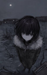 Rule 34 | 1girl, absurdres, black hair, breast pocket, building, chan8016, closed mouth, coat, empty eyes, field, foreshortening, from above, full body, full moon, fur-trimmed coat, fur trim, grey theme, highres, holding, holding knife, knife, long sleeves, looking at viewer, looking up, messy hair, moon, muted color, night, original, outdoors, pale skin, pocket, short hair, solo, standing, zipper, zipper pull tab