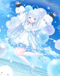 Rule 34 | 1girl, :d, ahoge, amatsuka uto, arms up, balloon, blue eyes, blue footwear, blue hair, blue ribbon, blue skirt, blush, bow, choker, cloud, collarbone, colored tips, day, deyui, dress, hair ornament, hairclip, heart balloon, highres, indie virtual youtuber, layered clothes, light blue hair, long hair, multicolored hair, o/, off-shoulder dress, off shoulder, open mouth, outstretched arms, ribbon, ribbon choker, shoulder strap, skirt, smile, starry sky print, striped, striped bow, teeth, tenshimp, two side up, upper teeth only, virtual youtuber, water, white dress, white footwear, white legwear, white ribbon, wing hair ornament