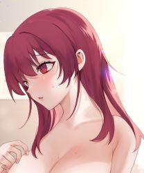 Rule 34 | 1girl, blush, breasts, cleavage, heterochromia, highres, hololive, houshou marine, large breasts, long hair, looking away, nude, ompf, parted lips, red eyes, red hair, solo, sweat, upper body, virtual youtuber, yellow eyes