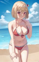 Rule 34 | 1girl, anteiru, beach, bikini, blonde hair, blue sky, bob cut, breasts, cloud, day, frilled bikini, frills, hair ribbon, hand up, highres, large breasts, looking at viewer, lycoris recoil, navel, nishikigi chisato, ocean, one side up, outdoors, parted lips, pulling own clothes, red bikini, red eyes, red ribbon, ribbon, short hair, skindentation, sky, smile, solo, stomach, strap gap, strap pull, swimsuit, thighs