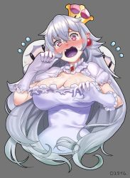 Rule 34 | 1girl, bad id, bad pixiv id, blush, boo (mario), breasts, cleavage, colored tongue, crown, dress, earrings, flying sweatdrops, frilled dress, frilled gloves, frills, ghost, gloves, hair between eyes, hiding, hiding behind another, jewelry, kabu (niniko2ko), large breasts, long hair, luigi&#039;s mansion, mario (series), mini crown, new super mario bros. u deluxe, nintendo, open mouth, peeking out, pointy ears, princess king boo, puffy short sleeves, puffy sleeves, purple tongue, red eyes, short sleeves, silver hair, simple background, solo, super crown, sweatdrop, tears, tilted headwear, upper body, white dress, white gloves
