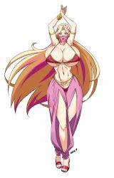 Rule 34 | 1girl, absurdres, bad anatomy, blonde hair, breasts, cleavage, curvy, devil-v, full body, gold trim, harem outfit, highres, huge breasts, long hair, looking at viewer, nail polish, narrow waist, original, see-through, simple background, thigh gap, thighs, toenail polish, toenails, toned, very long hair, white background, wide hips