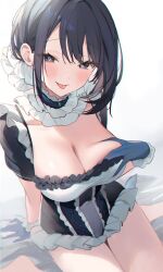 Rule 34 | 1girl, barefoot, black eyes, black hair, blue gloves, blush, breasts, character request, cleavage, dress, frilled dress, frills, gloves, grabbing own breast, hair between eyes, heart, heart-shaped pupils, highres, large breasts, looking at viewer, original, short dress, short sleeves, simple background, sitting, solo, symbol-shaped pupils, tongue, tongue out, yuita (yuita17)