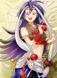 Rule 34 | 1girl, :d, breasts, cowboy shot, headband, heterochromia, jewelry, kakuriyo no mon, long hair, looking at viewer, low-tied long hair, mallet, midriff, multicolored hair, necklace, open mouth, purple hair, small breasts, smile, solo, standing, tassel, two-tone hair, very long hair, white hair, wristband, yaka (kk1177)