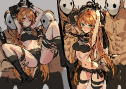 Rule 34 | 1girl, 2boys, abs, ahoge, alternate hair length, alternate hairstyle, arknights, bald, black footwear, black gloves, black panties, black shorts, blush, boots, bound, bound wrists, braid, breasts, chain, clenched teeth, collar, commentary, cow horns, cow tail, croissant (arknights), croissant (seeker) (arknights), crop top, gloves, goggles, goggles around neck, green eyes, grey background, hetero, highres, horns, long hair, looking at viewer, mask, medium breasts, midriff, multiple boys, multiple views, navel, official alternate costume, open mouth, orange hair, panties, restrained, reunion logo (arknights), reunion soldier (arknights), short shorts, shorts, side braids, sigm@, simple background, sketch, slave, spread legs, suspension, sweat, tail, tail grab, teeth, thighs, twin braids, underwear