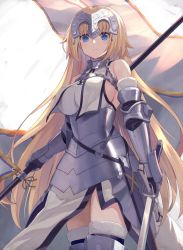 Rule 34 | 1girl, armor, armored dress, bare shoulders, blonde hair, blue eyes, braid, breasts, capelet, chain, fate/apocrypha, fate/grand order, fate (series), faulds, flag, fur trim, gauntlets, headpiece, highres, holding, holding sword, holding weapon, jeanne d&#039;arc (fate), jeanne d&#039;arc (ruler) (fate), jeanne d&#039;arc (third ascension) (fate), kou v05first, large breasts, long hair, solo, sword, very long hair, weapon, yellow eyes