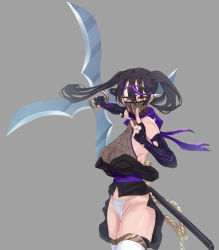 Rule 34 | 1girl, black gloves, black hair, black kimono, breasts, cowboy shot, detached sleeves, eyes visible through hair, facing to the side, fingerless gloves, fishnet top, fishnets, fundoshi, gloves, grey background, headband, holding shuriken, holding weapon, japanese clothes, kimono, large breasts, long hair, looking at viewer, open clothes, open kimono, original, purple headband, purple scarf, q (ed69), scarf, shuriken, simple background, solo, thighhighs, twintails, veil, white thighhighs, yellow eyes