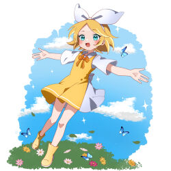 Rule 34 | 1girl, :3, absurdres, alternate costume, ankle boots, aqua eyes, blonde hair, blouse, blue butterfly, blue sky, boots, bow, bow hairband, bug, butterfly, chibi, cloud, collared shirt, dress, flower, full body, grass, hair bow, hairband, highres, insect, kagamine rin, light blush, looking at viewer, mototaku, neck ribbon, orange ribbon, outstretched arms, pinafore dress, ribbon, shirt, short dress, short hair, sky, sleeveless, sleeveless dress, smile, sparkle background, standing, standing on one leg, two-tone dress, vocaloid, white bow, white hairband, white shirt, yellow dress, yellow footwear