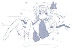 Rule 34 | 1girl, asymmetrical legwear, bed, blue theme, blush, come hither, convenient leg, flandre scarlet, flat chest, grin, hat, kazawa (tonzura-d), looking at viewer, lying, mob cap, monochrome, navel, on back, open clothes, open shirt, shirt, short hair, skirt, smile, solo, tareme, thighhigh dangle, thighhighs, touhou, uneven legwear, wings