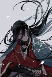 Rule 34 | 10s, 1boy, 2015, black hair, blue eyes, braid, dated, earrings, fighting stance, izumi-no-kami kanesada, japanese clothes, jewelry, katana, male focus, personification, petals, psd, ready to draw, side braid, signature, solo, sword, touken ranbu, upper body, weapon