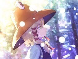 Rule 34 | 1girl, absurdres, backlighting, blonde hair, blurry, blurry background, brown hat, close-up, commentary request, expressionless, forest, from side, hair between eyes, hair ribbon, hat, highres, kiritanpo117, light blush, looking up, moriya suwako, nature, outdoors, profile, purple vest, red ribbon, ribbon, scenery, short hair with long locks, snowing, solo, touhou, tress ribbon, twitter username, vest, winter, yellow eyes