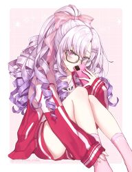 Rule 34 | 1girl, black-framed eyewear, blush, border, cellphone, chikuwa (rinka), covering own mouth, drill hair, feet out of frame, glasses, gradient hair, grid background, hair ornament, hairclip, highres, holding, holding phone, hyakumantenbara salome, hyakumantenbara salome (casual), jacket, knees together feet apart, knees up, leaning forward, long sleeves, looking at viewer, multicolored hair, nijisanji, outside border, parted bangs, phone, pink background, pink eyes, pink socks, pleated skirt, ponytail, purple hair, red jacket, red skirt, sidelocks, simple background, skirt, sleeve cuffs, sleeves past wrists, smartphone, socks, solo, striped clothes, striped jacket, thighs, twitter username, virtual youtuber, white border, white hair