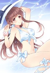 Rule 34 | 1girl, alternate costume, ankle lace-up, armpits, bare shoulders, bikini, blue bikini, breasts, brown hair, cleavage, cross-laced footwear, kantai collection, komi zumiko, large breasts, long hair, looking at viewer, navel, ooi (kancolle), pink scrunchie, red eyes, scrunchie, smile, solo, swimsuit, white headwear, wrist scrunchie