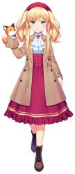 Rule 34 | 1girl, ascot, blonde hair, blue shirt, blush, brown coat, closed mouth, coat, fox, full body, green eyes, hand puppet, high-waist skirt, highres, jenevan, looking at viewer, open clothes, open coat, original, puppet, red skirt, shirt, skirt, smile, solo, standing, transparent background, twintails, white legwear