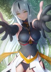 Rule 34 | 1girl, armor, black hair, blush, breastplate, breasts, check commentary, cleavage cutout, clothing cutout, commentary, commentary request, cowboy shot, elbow gloves, fate/grand order, fate (series), foreshortening, gloves, grass, green eyes, hair between eyes, highres, imizu (nitro unknown), incoming hug, limited palette, long hair, looking at viewer, lying, multicolored hair, nagao kagetora (fate), navel, on back, outstretched arms, panties, pantyshot, partially fingerless gloves, reaching, reaching towards viewer, sideboob, sleeveless, smile, solo, standing, thighhighs, two-tone hair, underboob, underwear, upper body, white hair