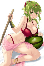 Rule 34 | 1girl, bare shoulders, bikini, blush, breasts, cait aron, cleavage, collarbone, fire emblem, fire emblem awakening, fire emblem heroes, green eyes, green hair, highres, large breasts, long hair, looking at viewer, navel, nintendo, open mouth, pointy ears, ponytail, red bikini, smile, solo, swimsuit, thighs, tiki (adult) (fire emblem), tiki (adult) (summer) (fire emblem), tiki (fire emblem), white background