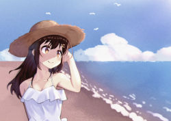 Rule 34 | 1girl, absurdres, bare shoulders, beach, blush, brown eyes, brown hair, closed mouth, collarbone, doradora oekaki, dress, frilled dress, frills, hair ornament, hairclip, halter dress, halterneck, hat, highres, holding, holding hair, hololive, long hair, looking to the side, smile, solo, straw hat, sun hat, sundress, tokino sora, tokino sora (old design), virtual youtuber, white dress