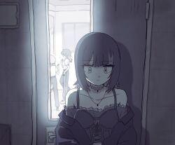 Rule 34 | 3girls, aketa mikoto, backlighting, bare shoulders, bloom, blurry, blurry background, choker, closed mouth, collarbone, cropped shirt, door, expressionless, frilled shirt, frills, front-tie top, gel p, greyscale, highres, idolmaster, idolmaster shiny colors, ikaruga luca, jacket, jacket partially removed, jewelry, looking down, medium hair, monochrome, multicolored hair, multiple girls, nanakusa nichika, necklace, off-shoulder shirt, off shoulder, open clothes, open jacket, pants, sanpaku, shadow, shirt, shoes, short sleeves, sneakers, solo focus, spaghetti strap, swept bangs, t-shirt, track pants, two-tone hair, upper body