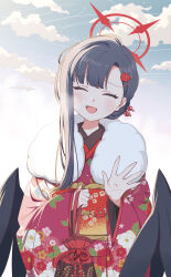 Rule 34 | 1girl, absurdres, black wings, blue archive, blue sky, breath, closed eyes, cloud, cloudy sky, day, greyscale, halo, highres, ichika (blue archive), japanese clothes, kimono, long hair, long sleeves, low wings, monochrome, nichaku, red halo, red kimono, sky, solo, standing, upper body, waving, wide sleeves, wings