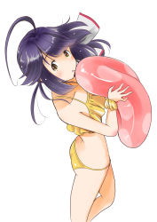 Rule 34 | 1girl, absurdres, ass, bikini, black hair, blowing, commentary request, feet out of frame, hayanami (kancolle), highres, holding, inflating innertube, innertube, kantai collection, long hair, looking at viewer, one-hour drawing challenge, ponytail, ribbon, simple background, solo, standing, swim ring, swimsuit, taisinkoku, white background, white ribbon, yellow bikini, yellow eyes