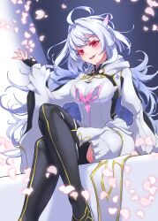 Rule 34 | 1girl, ahoge, black gloves, black leggings, black pants, breasts, crossed legs, falling petals, fate/grand order, fate (series), fingerless gloves, gloves, highres, lady avalon (first ascension) (fate), leggings, long hair, medium breasts, merlin (fate/prototype), nail polish, open mouth, pants, petals, pink eyes, pink nails, sitting, solo, white hair, yata masahara